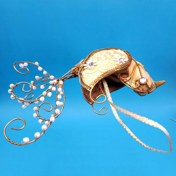 Victorian Bird Ornament Tapestry Gold Beaded Frame Rhinestone Flowers Drop Bead - Picture 6 of 9